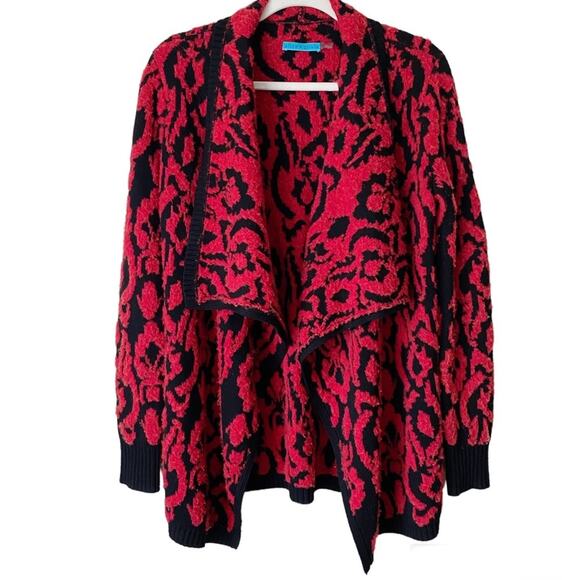 Alice + Olivia | Merino Wool Printed Waterfall Cardigan Sweater Red Black Small - Picture 1 of 7